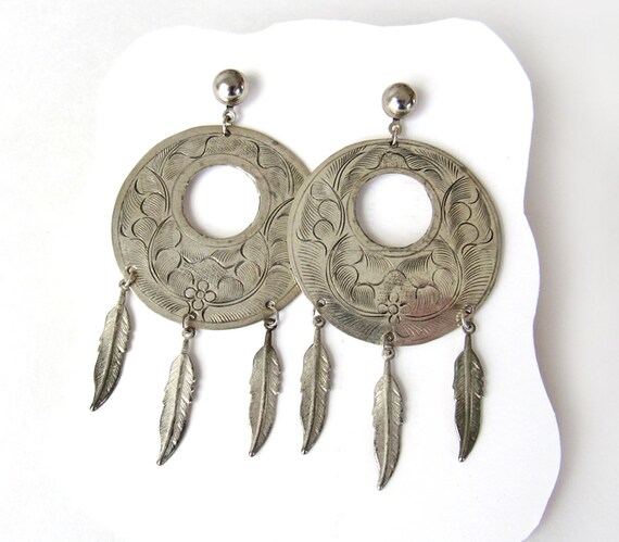 Glam Hoops Bohemian Style Black Shimmer Dangle Hoops with Feather Charm