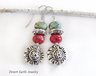 Silver Tone Flower Earrings with African Turquoise & Red Coral, Unique Boho Sundance Style Jewelry, Botanical Nature Gifts for Her