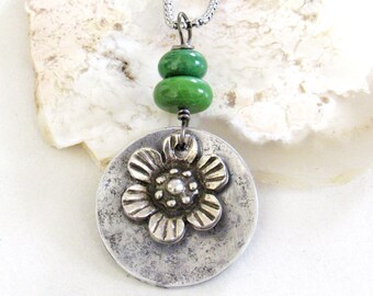 Silver Pewter Flower Pendant with Green Serpentine Gemstones, Artisan Handmade Spring - Summer Nature Jewelry for Women,  Mother's Day Gift