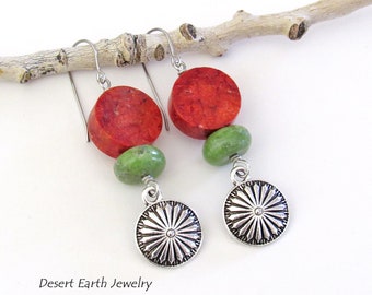 Silver Concho Earrings with Red Coral & Green Serpentine Stones, Sundance Style / Southwestern Jewelry, Colorful Boho Southwest Earrings