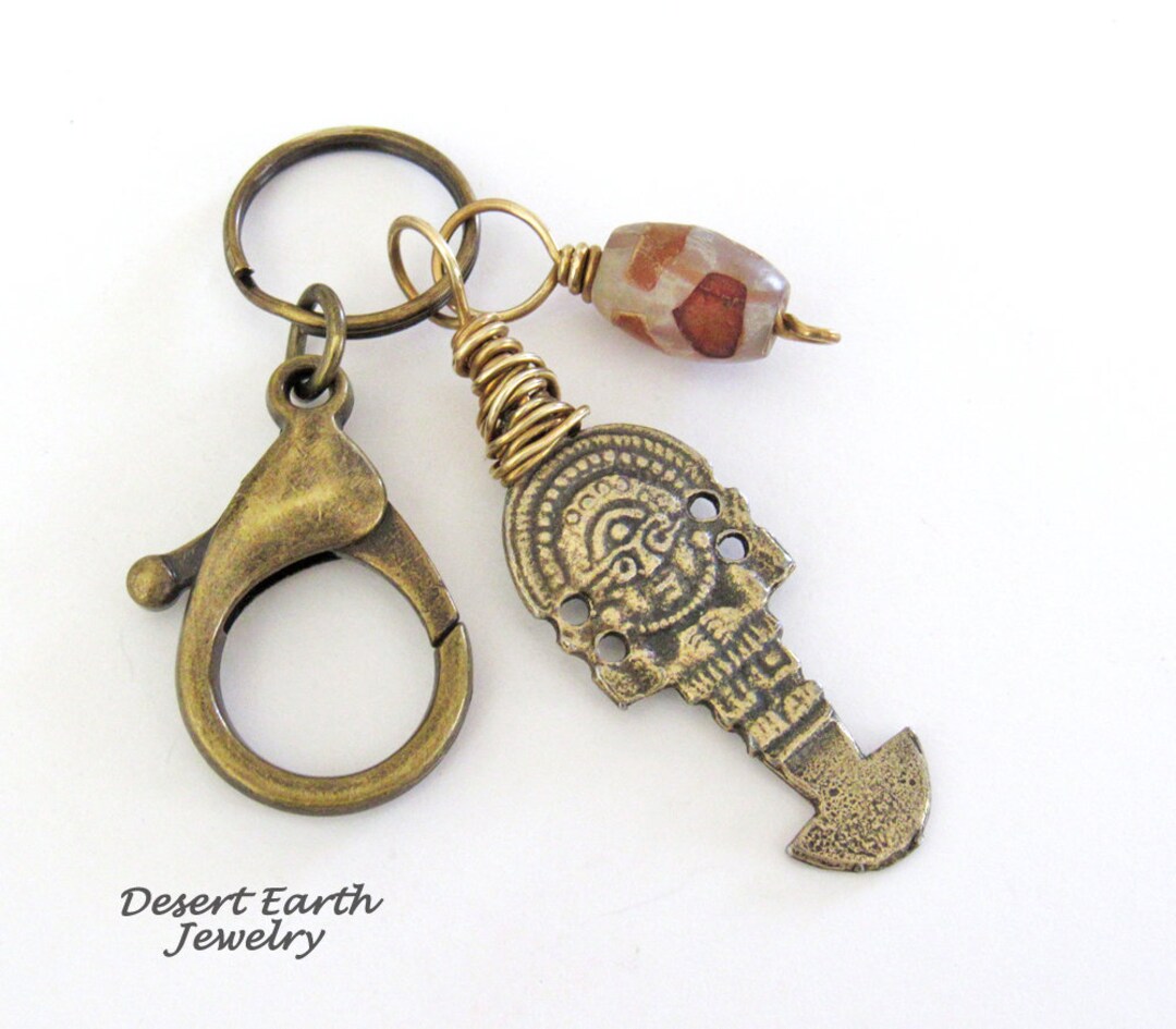 Tribal Goddess Antiqued Brass Keychain With African Agate Bead Dangle ...