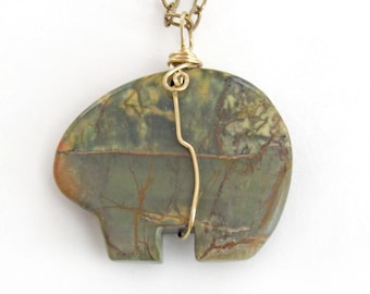 Zuni Bear Jasper Stone Pendant on Brass Chain Necklace, Natural Earthy Southwest Style Jewelry for Men & Women, Unique Father's Day Gift