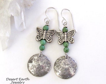 Sterling Silver & Turquoise Earrings with Butterflies, Earth Nature Gifts for Women / Teen Girls, Artisan Handmade Butterfly Jewelry