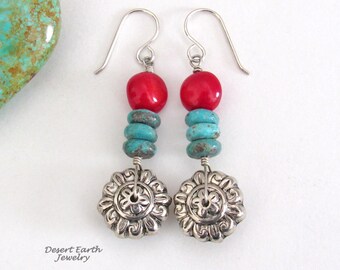 Turquoise & Red Coral Silver Tone Flower Earrings, Bright Colorful Beaded Dangle, Handmade Boho Sundance Style Jewelry, Nature Gifts for Her