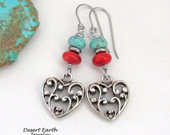 Turquoise Red Coral Heart Earrings, Pewter Filigree Dangle, Sundance Southwest Style, Mother's Day Jewelry Gifts for Wife / Mom / Girlfriend