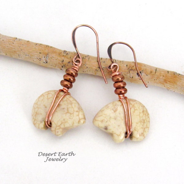 Small Zuni Bear Carved Stone Earrings with Copper Beads, Boho Tribal Native Style Southwestern Jewelry Gifts for Women