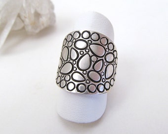 Textured Sterling Silver Band Ring, Bold Unique Statement Rings for Women, Solid Sterling Silver Ring Size 6