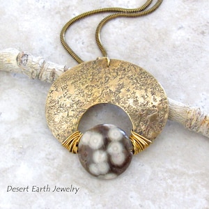 Ocean Jasper & Gold Brass Pendant Necklace, Earthy Natural Stone Jewelry, Unique Handmade Artisan Jewelry, One of a Kind Boho Stone Pendant