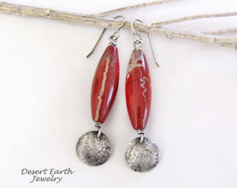 Red Jasper Earrings with Small Sterling Silver Hammered Drops, Earthy Natural Boho Stone Jewelry Handmade, Long Red Gemstone Dangle Earrings