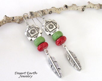 Southwest Tribal Cross Earrings with Red Coral, Green Serpentine Stones & Feather Dangles - Native Style Boho Southwestern Jewelry Handmade