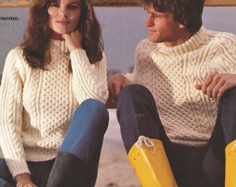HiS AnD HeRS MaTching Aran Cable PoLo NeCked WiNter WaRm JUMPeR 1980's MIxEd sIzes -8 PLy-Great FoR WintEr -Knitting Pdf Instant Pattern
