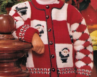 Christmas Santa Childrens "SANTAS ELF" Theme squares Girl or Boy Cardigan Gift Size 4-14 Years 8 ply-Knitting Pattern PDf Instant Download