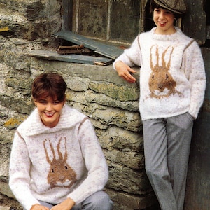 Mothers Moms Daughters Matching Easter Rabbit Bunny Face Jumpers Girls Womens-Size 66-97 CM-8 PLy-Downloadable Knitting Pdf Instant Pattern