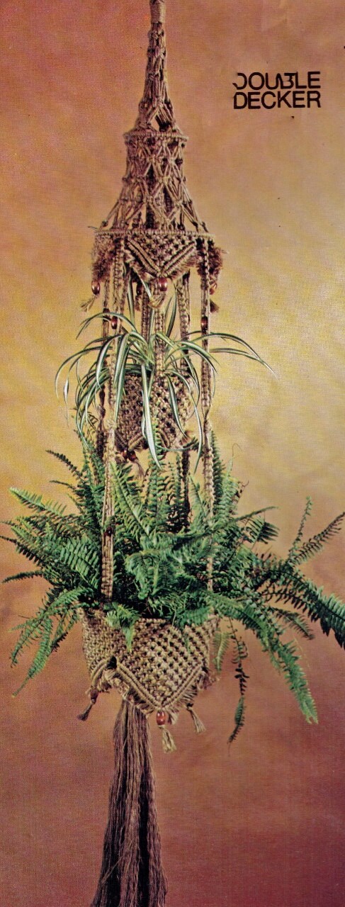 Vintage 1970s Macrame Hanging Pot Plant Holder or Fruit Basket Double