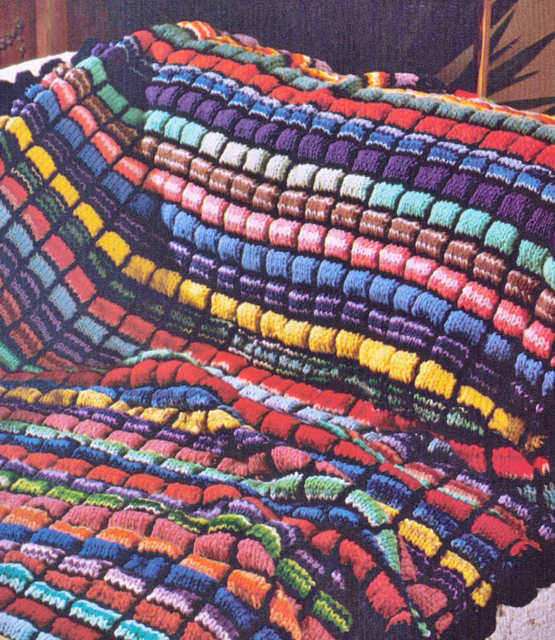 Vintage STAIN GLASS Puff Stitch Afghan Rug Blanket Knitted Retro