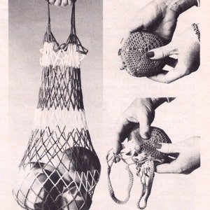 May include: A white and brown crocheted net bag with a handle. The bag is empty in one image and filled with a round object in another image. The bag is being held by a hand in each image.