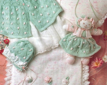 BaBY LaYETTE GIRLS PReTty RoSes SeT oF 6 With A HeArt PILLoW,PraM Rug, Doll+ Size 36-51 CMs-8 PlY -Great Gift - Knitting Pdf Instant Pattern