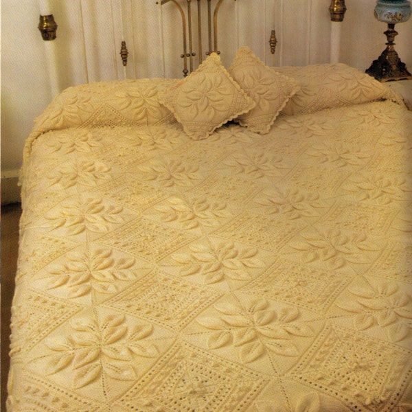 VINTaGE 60s PETALS & DIAMOND ARaN STyLe BeDspread and CuShions D/BeD or S/BeD Blanket-Great Gift-5 PlY-Knitting Pattern PdF Instant Download