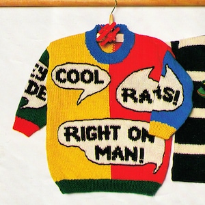 Könnte beinhalten: Ein gelber, roter, grüner und blauer Strickpullover mit einem weißen Sprechblasendesign. Die Sprechblasen sagen "Cool", "Right On Man!" und "Rats!"