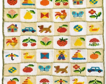 PICTUrE PATCHWoRK BABY CoT Blanket & ToY CuBe BLoCk PRam RuG CHILdrEns - Size 80 x 90 CMs- 8 PLy -Great Gift - Knitting Pdf Instant Pattern