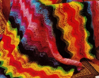 VINTaGE 1970s MOHAIR RAINBoW StYle RETrO BRIgHt AFgHan BLaNket RUg SiZe 142 X 137 Cm SQUaRe 8 PLy -Great Gift -Knitting Pdf Instant Pattern