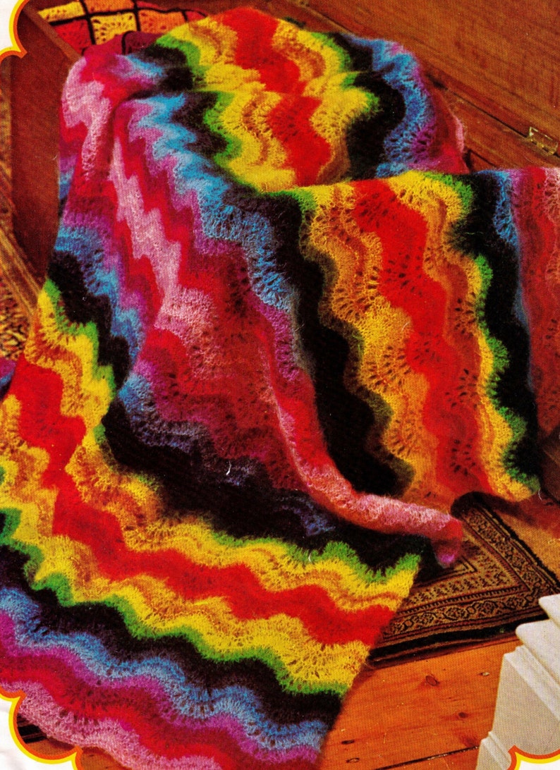 Vintage 1970s MOHAIR Rainbow Style Retro Bright Afghan Blanket Rug Size