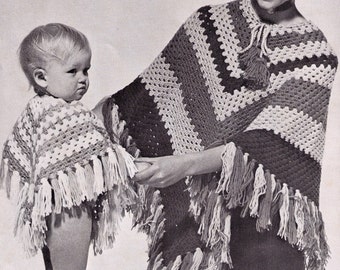 ViNTAGE 1960's ReTRO WOMeN'S AnD CHiLds STRIPed FaMily PoNcho WinTer V NeCk DESiGn 3 8 Ply wOol- Gift - Crochet Pattern PdF Instant Download