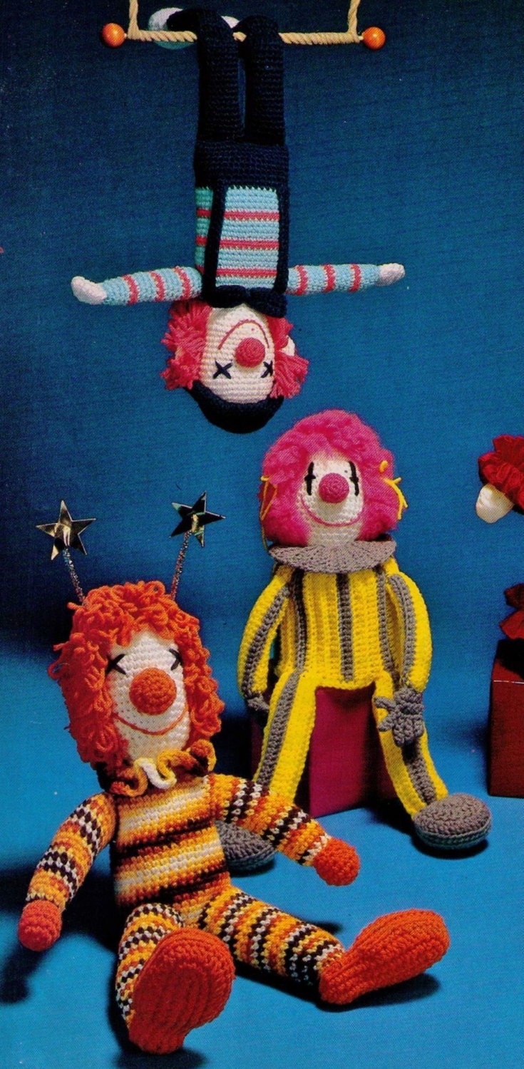 Vintage 1980's HeRE COMeS THe CIRCUS CLOWNs SeT Of 3 DoLl SoFt ToY -Adorable -UNiSex-45-50 Cm's Tall- 8 Ply - Crochet Pdf Instant Pattern