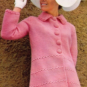ViNTAGE 1960&#39;s ReTRO WOMeN&#39;S WINTeR Pink LoNg JaCket CoAt DeSiGn SiZe 85-95 Cm&#39;s 8 PLy wOol- Gift - Crochet Pattern PdF Instant Download