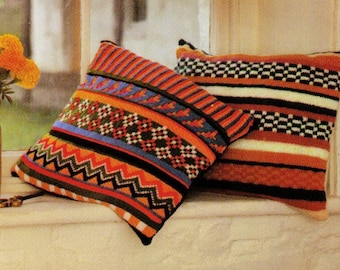 ViNTAGE RETRo FAIRISLE STRIPED SQUARe  Cushions SeT Of 2  KNITTeD SIZe 45  CMs 16 INcH 5 & 8 PLy WoOl KNITTeD PATTERn INSTANt PDf DOWNLoAd