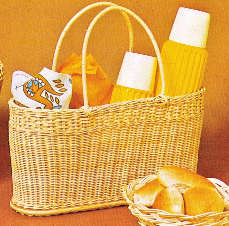 Vintage 1970's Oval CANE Picnic Basket Bag Retro Trendy Etsy