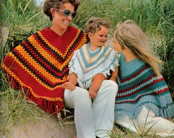 ViNTAGE 1960's ReTRO WOMeN'S AnD CHiLds & TODDLeR SeT FaMily Ponchos V Neck DESiGn 1-8 Ply wOol- Gift - Crochet Pattern PdF Instant Download