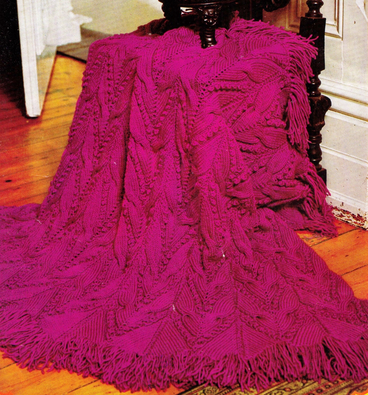 Vintage 1970s Patterned & FRINGED Maroon Bright Afghan Blanket Rug Size