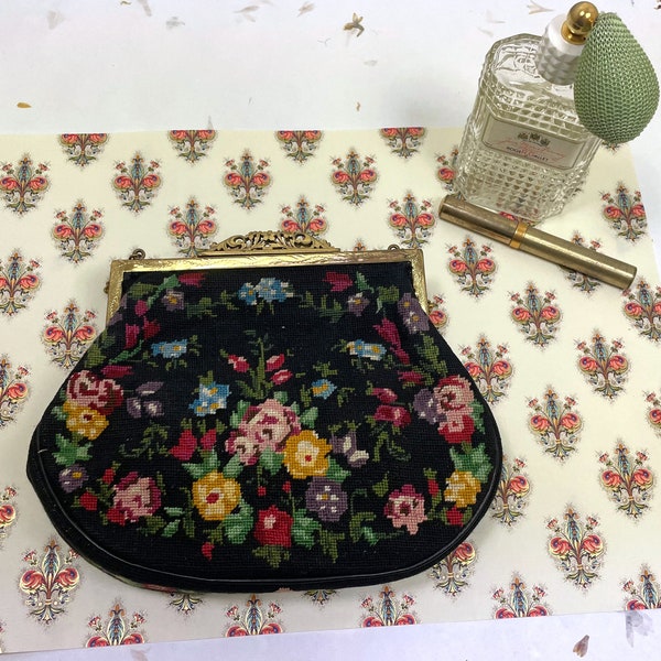 Gobelin Tasche mit bunten Blumen und Blättern bestickt VINTAGE #12