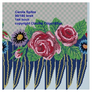 Könnte beinhalten: Ein Perlenmuster mit einem floralen Motiv mit rosa, roten und blauen Blumen. Das Muster ist auf einem blauen und goldenen Hintergrund. Der Text "Carola Spitze 90/180 breit 144 hoch copyright Claudia Flügel-Eber" ist oben links sichtbar.