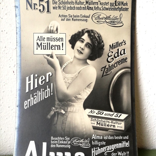 Werbung Pappe um 1920 Eda Zahncreme Schönheitskur VINTAGE  Alle müssen Müllern!