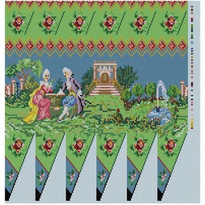 Könnte beinhalten: Ein farbenfrohes Perlenmuster mit einem Paar in einer Gartenlandschaft. Das Muster enthält einen Brunnen, Bäume und ein Gebäude. Das Muster ist 180 Pixel breit und 150 Pixel hoch. Der Text "Date" befindet sich oben im Bild. Der Text "Breite 180, Höhe 150" befindet sich unter dem Wort "Date". Der Text "copyright Claudia Flügel-Eber" befindet sich unter dem Text "Breite 180, Höhe 150". Der Text "über 50 Farben" befindet sich unter dem Text "copyright Claudia Flügel-Eber".