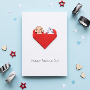 Personalised Cat and Dog Fathers Day Card, Custom Pet Dad Origami Heart Card, Handmade Kawaii Keepsake Card for Dog Dad