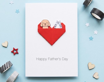 Personalised Cat and Dog Fathers Day Card, Custom Pet Dad Origami Heart Card, Handmade Kawaii Keepsake Card for Dog Dad