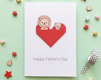 Personalised Lion First Fathers Day Card From Baby, Kawaii Daddy And Me Origami Heart Card For Daddy And Baby