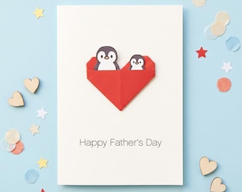 Personalised Penguin First Fathers Day Card From Baby, Kawaii Daddy And Me Origami Heart Card For Daddy Husband Partner