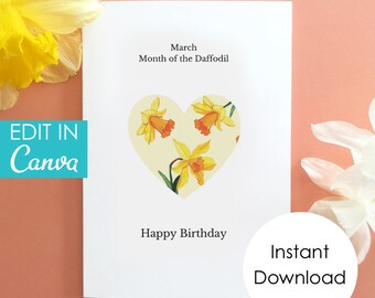 Instant download birth month flower card printable March birth month card digital download card editable card daffodil birth flower card