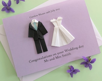 Personalised Mr and Mrs origami bride and groom wedding card