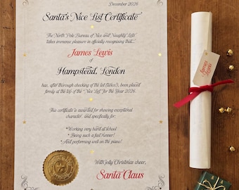 Personalised Nice List From Santa Certificate, Christmas Stocking Filler, Kids Christmas Gift, Christmas Eve Box Gift, Santa Keepsake