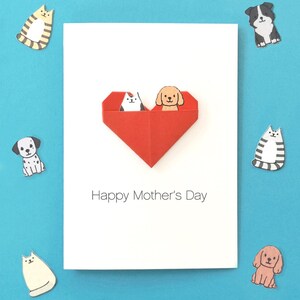 Personalised Cat and Dog Mother's Day Card, Custom Pet Mum Origami Heart Card, Handmade Photo Keepsake Card for Dog Mom