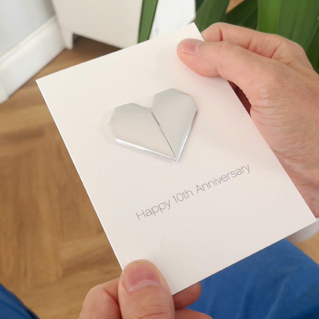 10th Anniversary Card Tin Origami Heart Ten Years Anniversary Card 10 ...