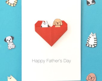 Fathers Day Card for Pet Dad | Personalised Cat and Dog Card | Origami Heart Japanese Style Card | Handmade Animal Card