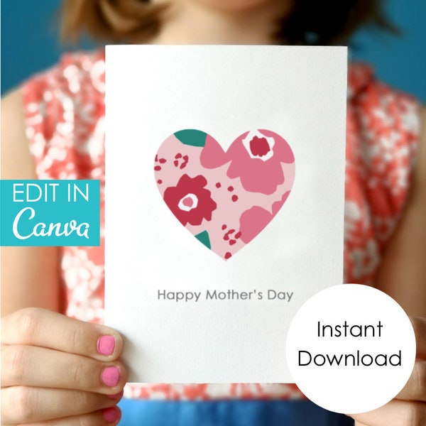 Instant download Mothers day card red flower heart printable Mothers day card digital download card editable card red flowers pattern card