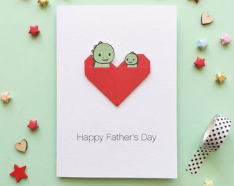 Personalised Dinosaur First Fathers Day Card From Baby, Kawaii Daddy And Me Origami Heart Card For New Daddy