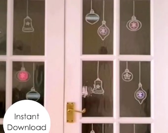Plantilla navideña con rotulador de tiza / Arte navideño para ventanas hecho a mano / Adornos navideños colgantes con garabatos / Gráficos para ventanas / Plantilla PNG con rotulador de tiza para ventanas